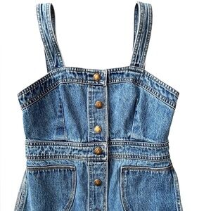 Vintage Denim Button Front Mini Dress | Strappy Jean Dress Pockets